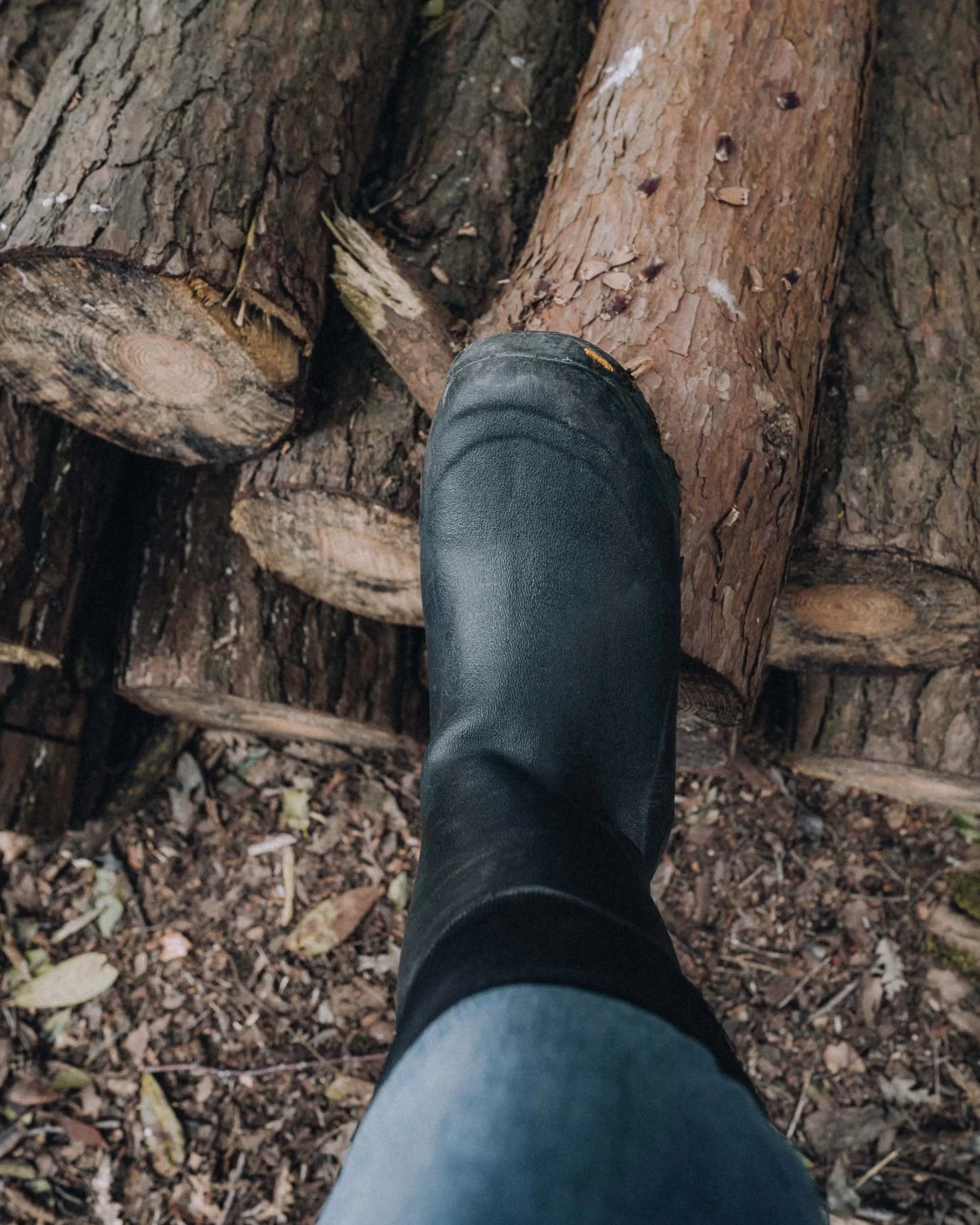 A foot with a wellington boot on resting on a log