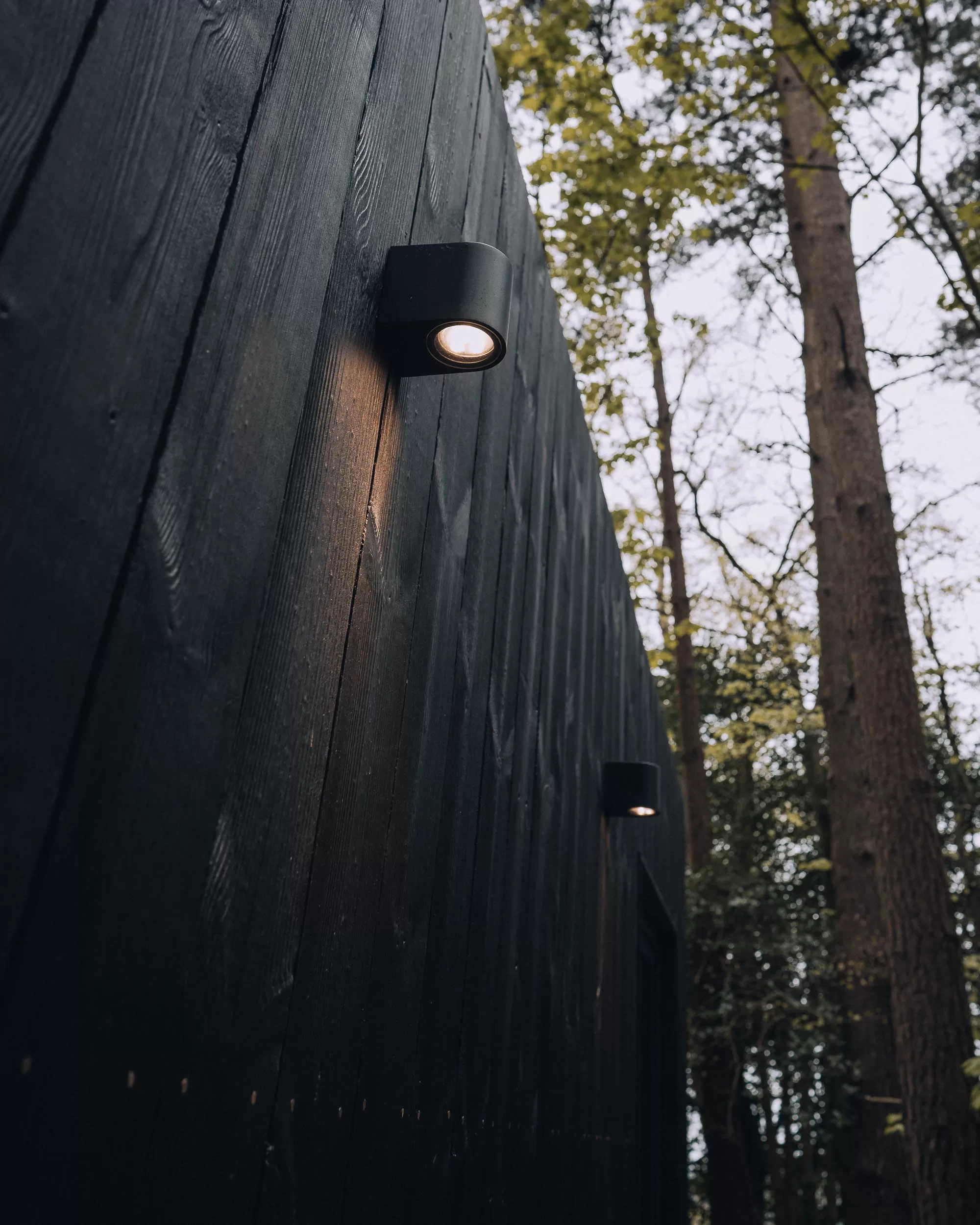 A phot of some lights on the outside of a black cabin