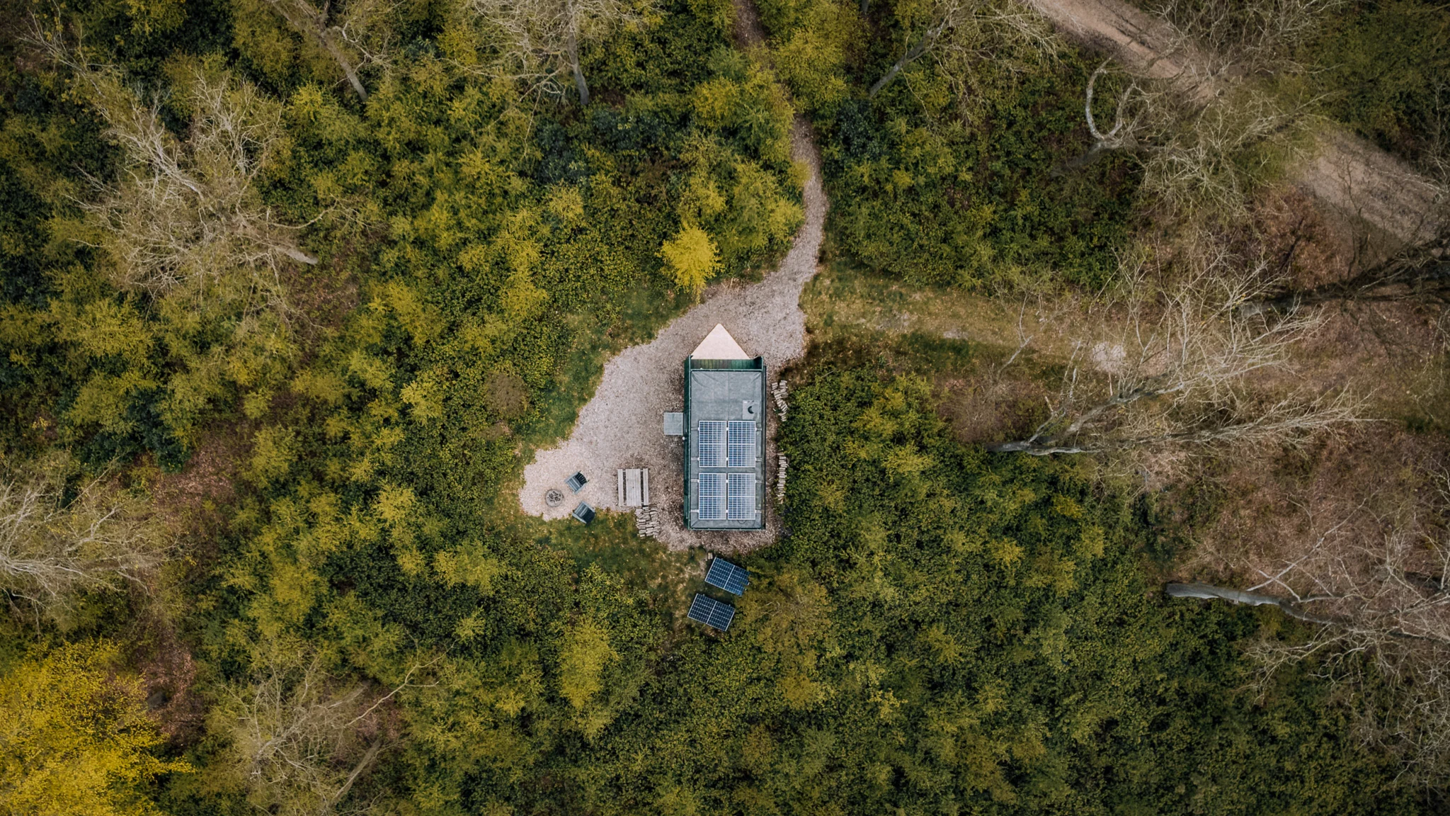Unplugged Mabel Cabin surrounded by woodland in East Sussex aerial view