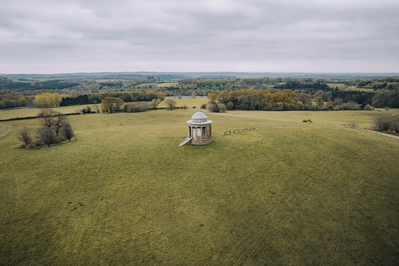 Aerial view of a landmark on the Unplugged Mabel cabin estate in the East Sussex countryside