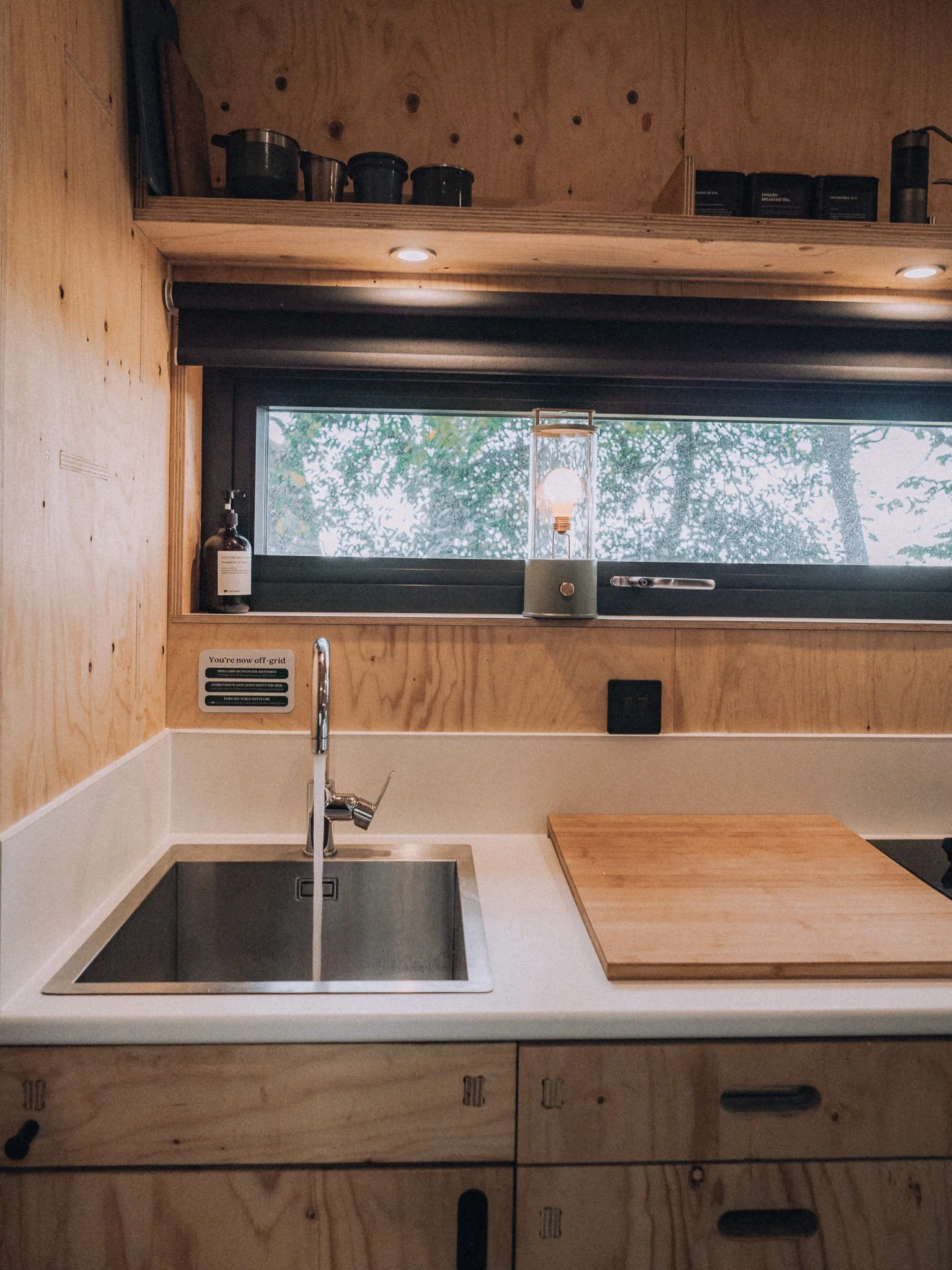 Kitchen inside the Unplugged Mabel cabin in East Sussex