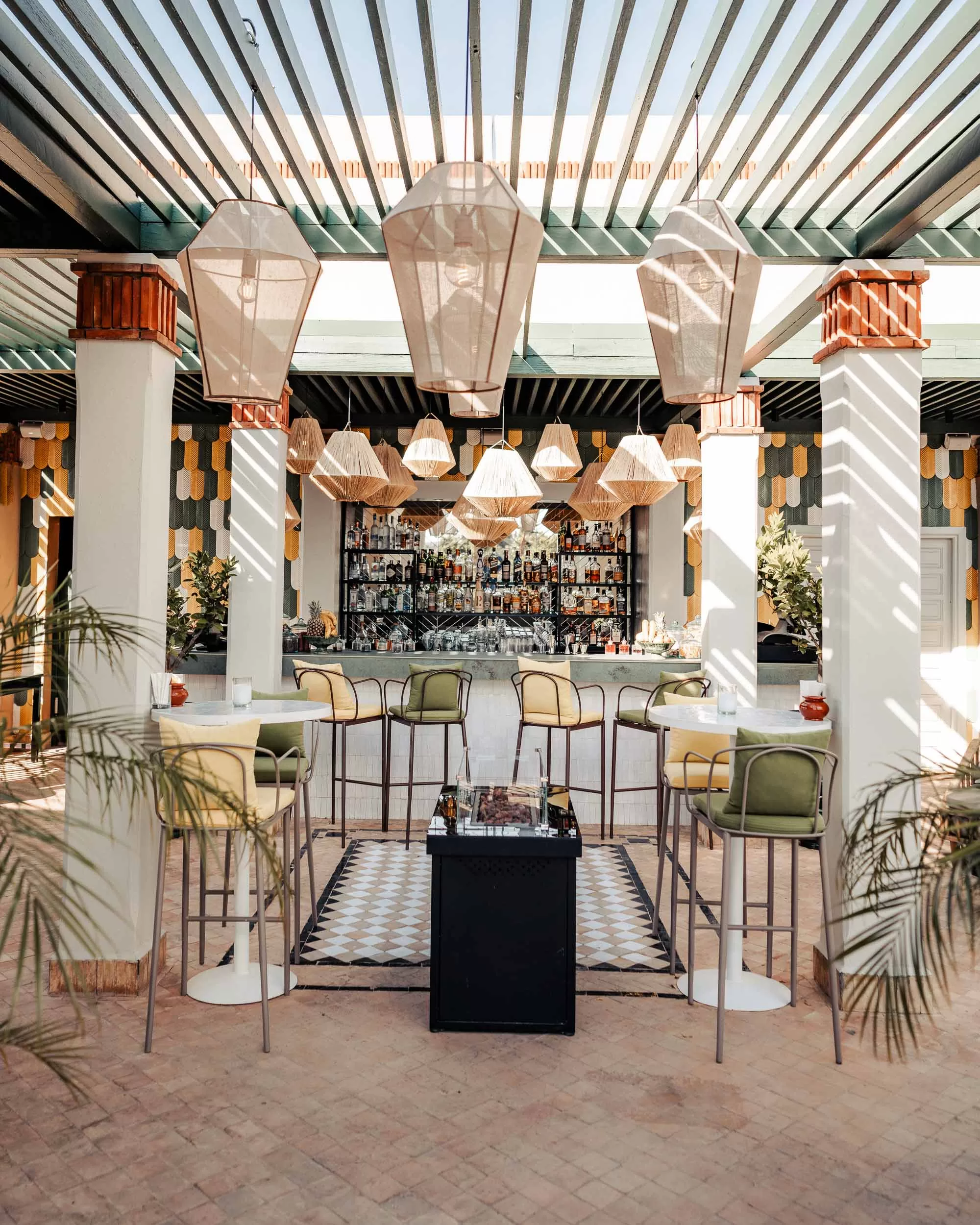 Seating area around a rooftop bar
