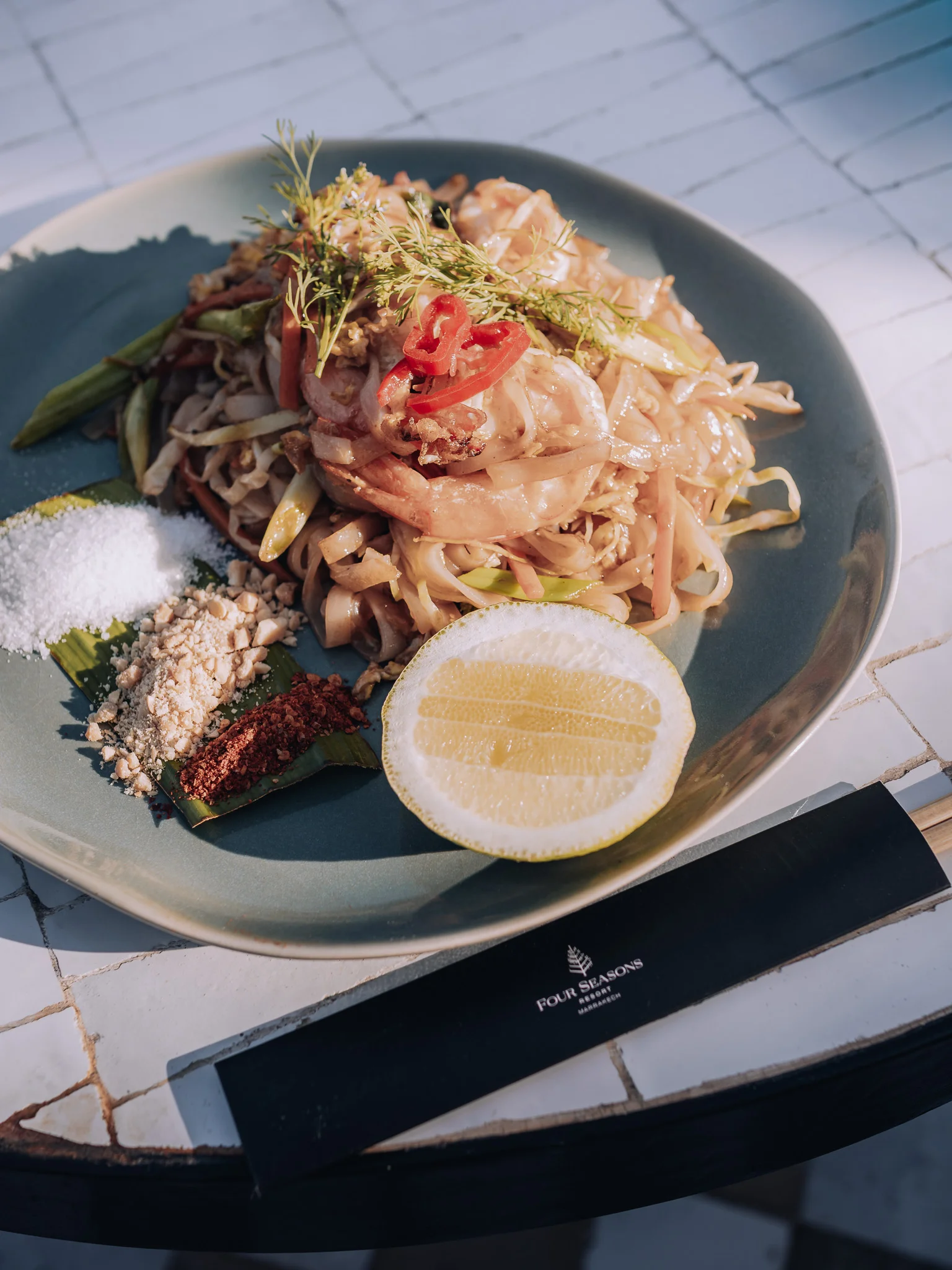 Pad Thai served at Zest Rooftop Bar Four Seasons Marrakech