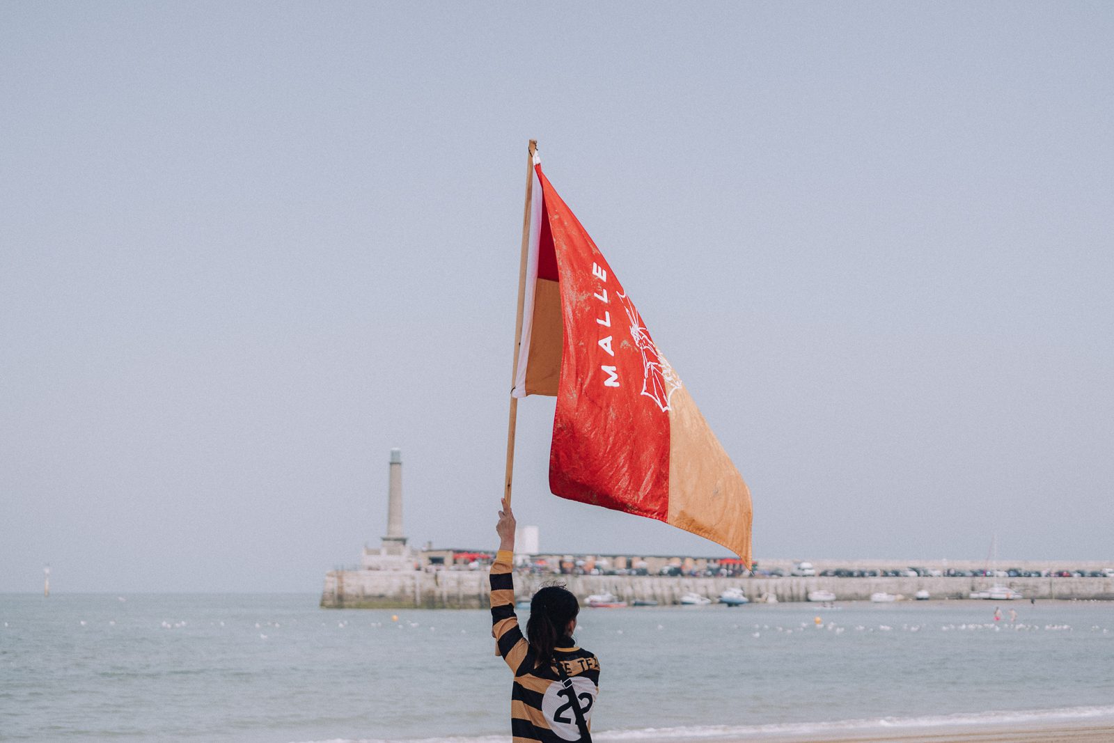 Person waving flag at beach