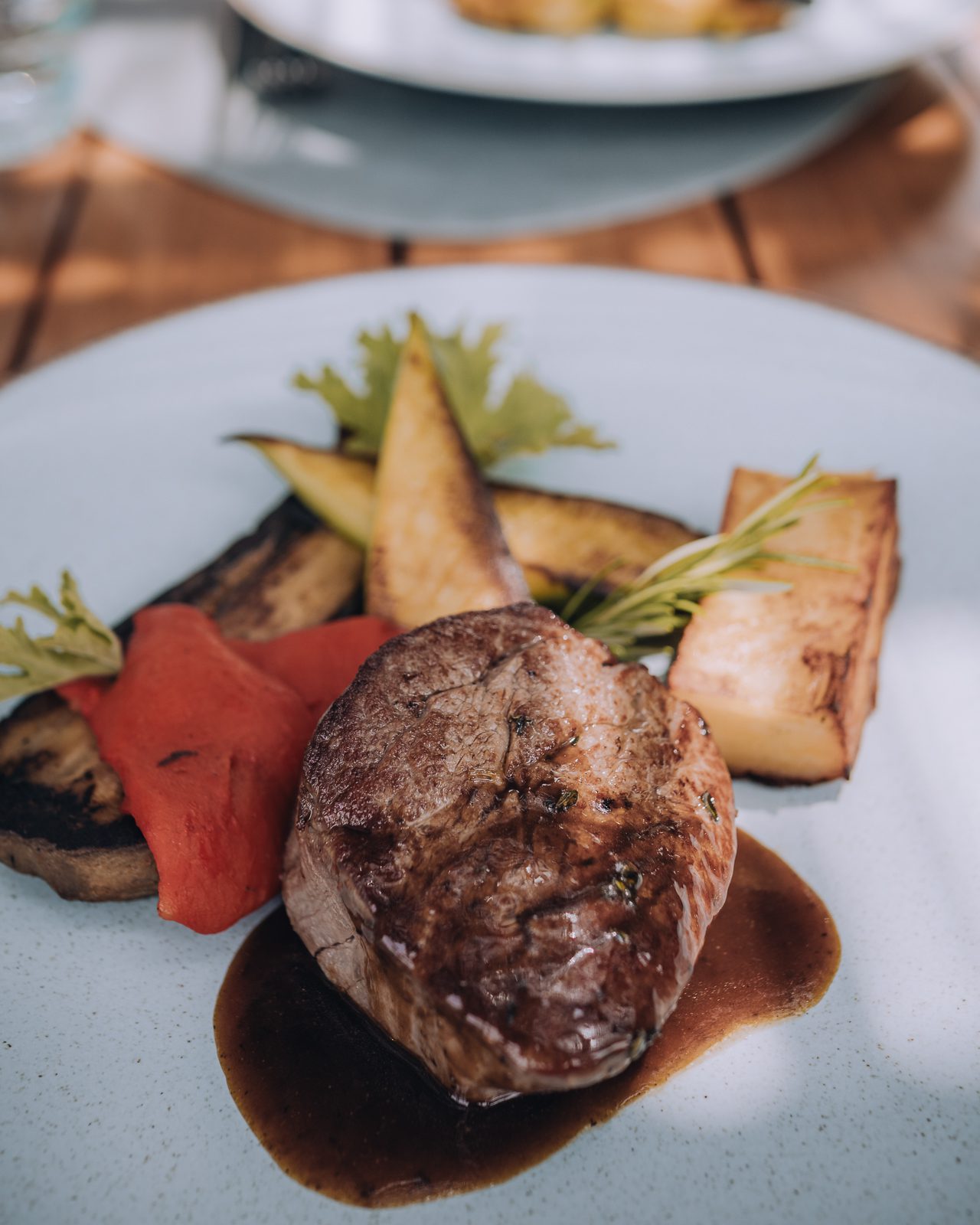 Tender steak with roasted vegetables.