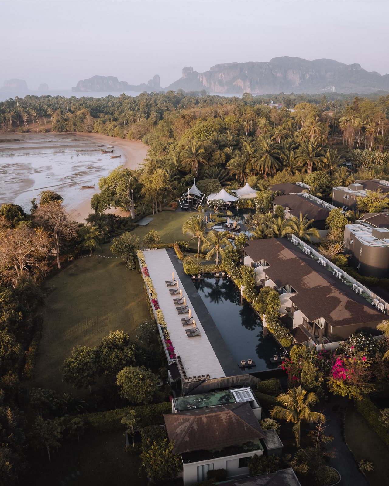 Aerial photo of a hotel complex in Krabi Thailand.