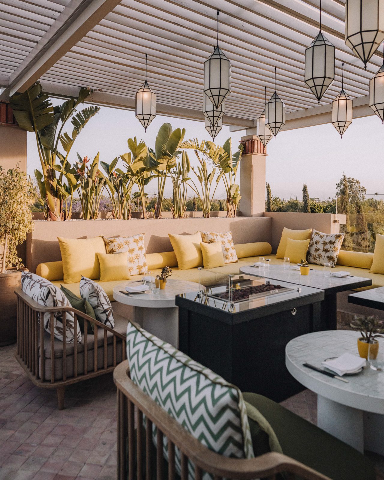 Stylish terrace with lush greenery.