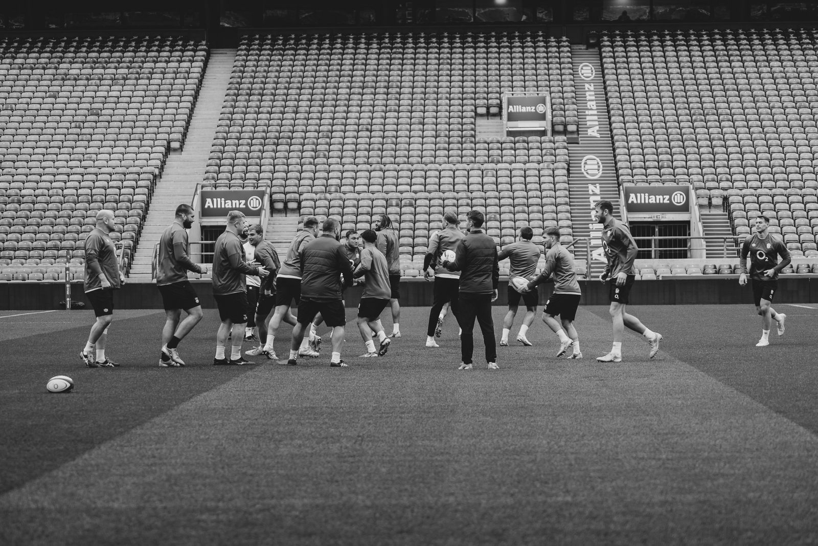 England rugby players practice at twickenham stadium.