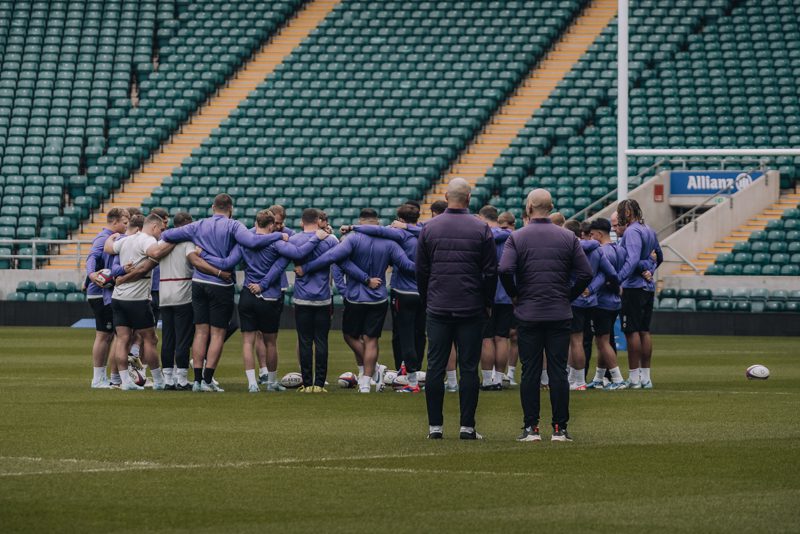England Rugby Team are huddling for Captain's Run.