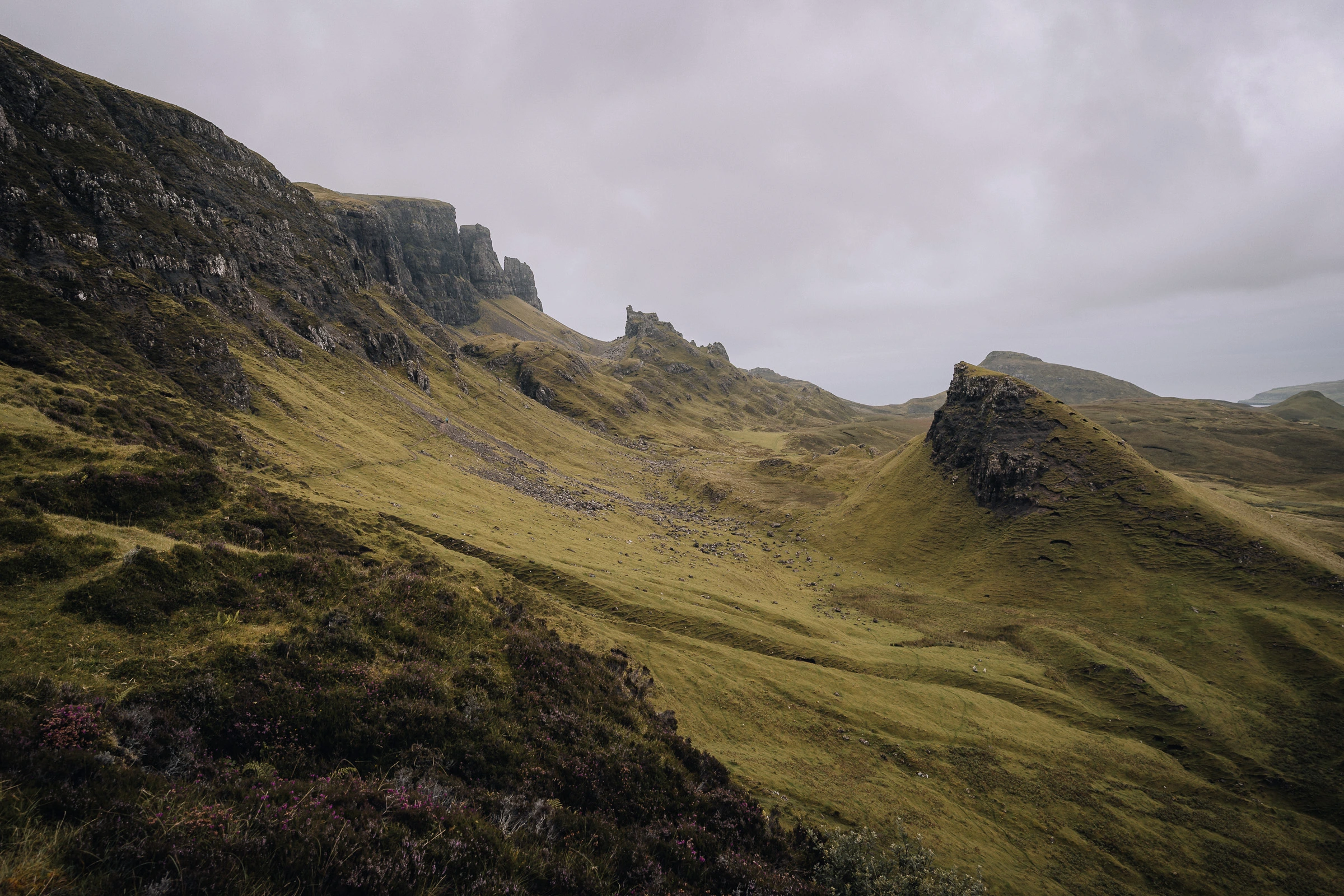 The dramatic cliffs and winding hiking trail of the Quiraing on the Isle of Skye