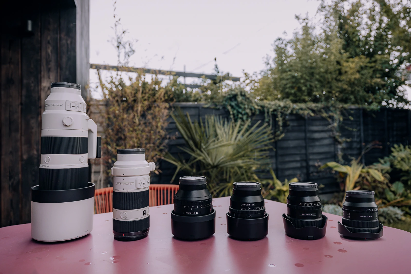 Complete Sony travel photography lens kit, including 16–35mm, 24mm, 50mm, 85mm, 70–200mm and 200–600mm lenses, photographed outdoors.